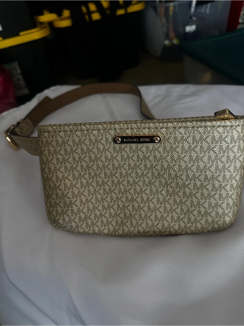 Michael Kors Beige Metallic Signature MK Crossbody Bag